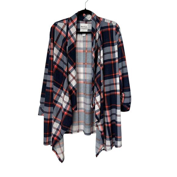 New York Laundry Sweaters - New York Laundry Sweater SZ XL Blue Plaid Roll Tab Sleeve Asymmetrical Cardigan